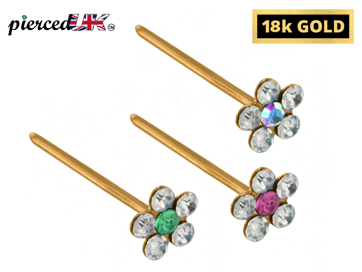 18K Gold Flower Nose Pin: Crystal Accent, Solid Gold Jewelry