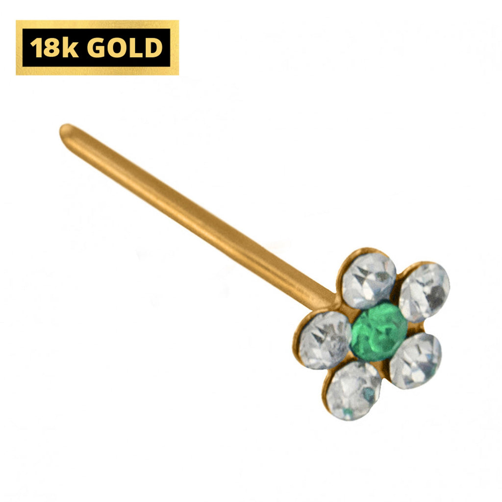 18K Gold Flower Nose Pin: Crystal Accent, Solid Gold Jewelry