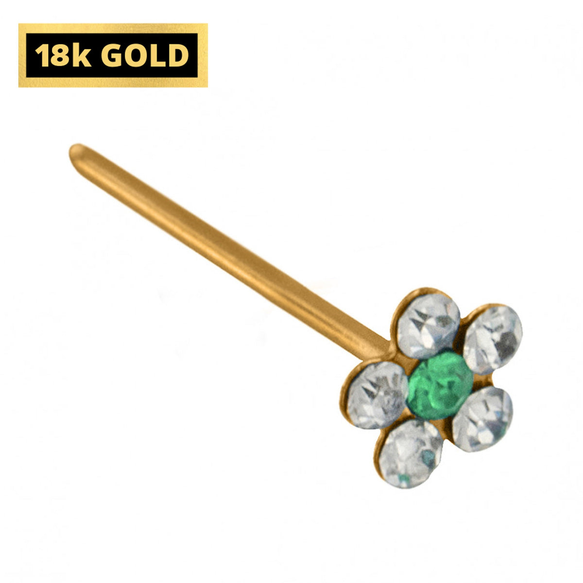18K Gold Flower Nose Pin: Crystal Accent, Solid Gold Jewelry
