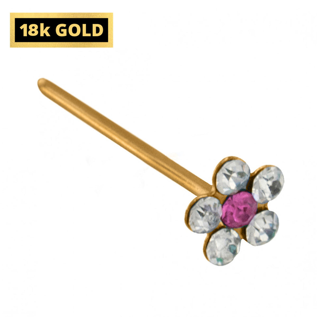 18K Gold Flower Nose Pin: Crystal Accent, Solid Gold Jewelry