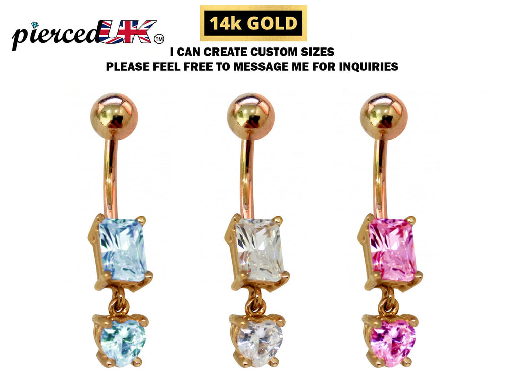 14K Gold Crystal Dangle Belly Bar: Hand-Polished Belly Button Ring