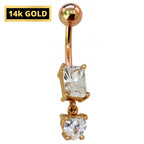 14K Gold Crystal Dangle Belly Bar: Hand-Polished Belly Button Ring