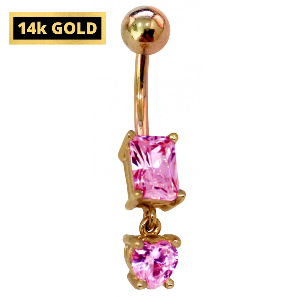 14K Gold Crystal Dangle Belly Bar: Hand-Polished Belly Button Ring