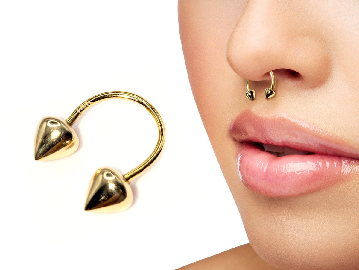 14K Gold Cone Septum Horseshoe Barbell - 16G Lip, Nose, Ear Piercing
