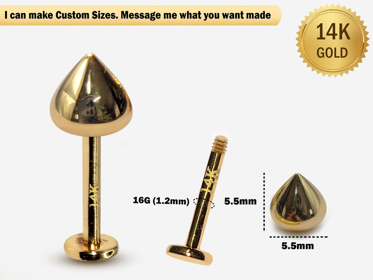 14K Gold Cone Labret Stud: 16G Lip & Tragus Piercing