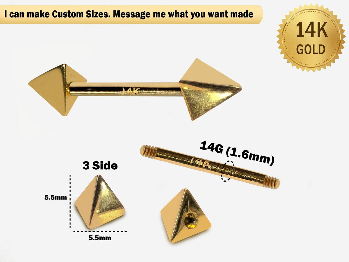 14K Gold Pyramid Barbell: 14G Nipple Piercing Jewelry