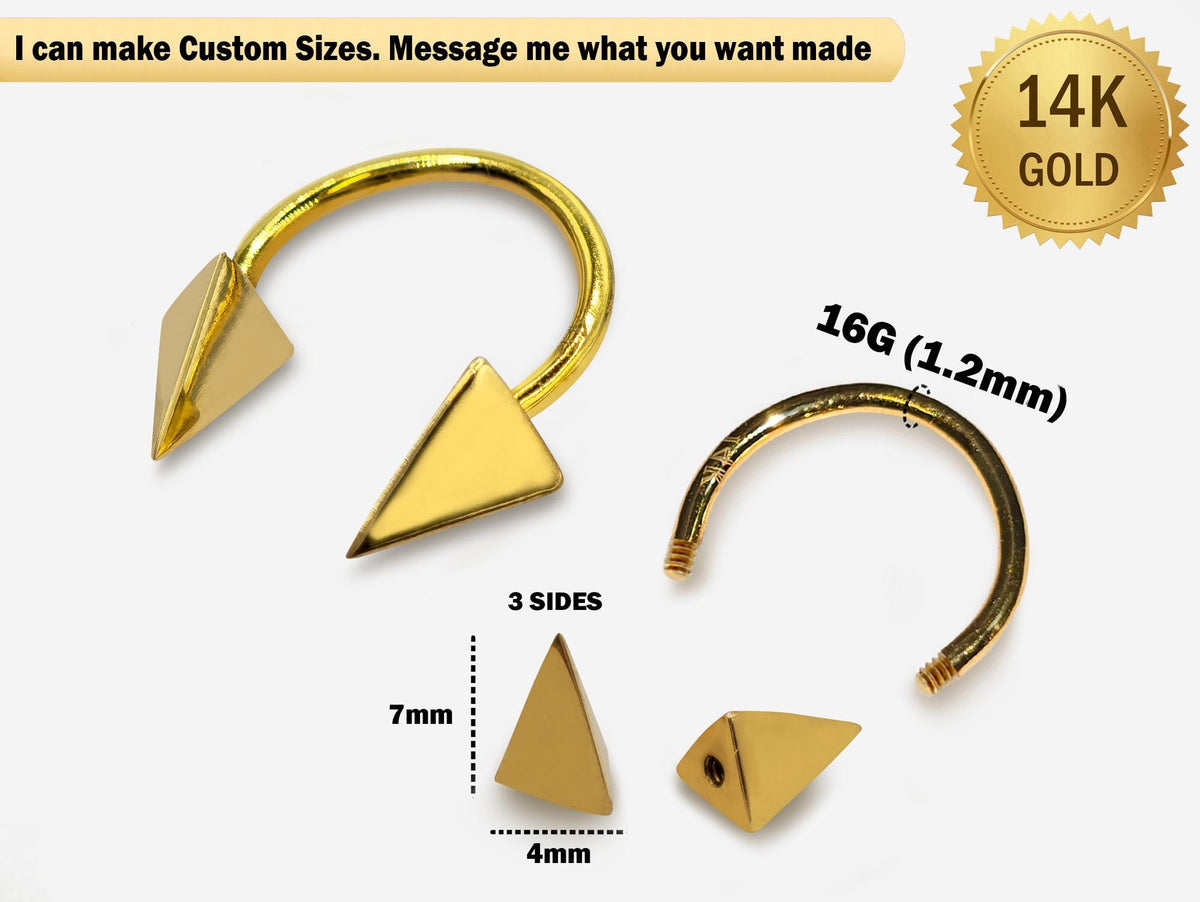 14K Gold Septum Ring: Horseshoe Barbell with Pyramid Spikes, 16G