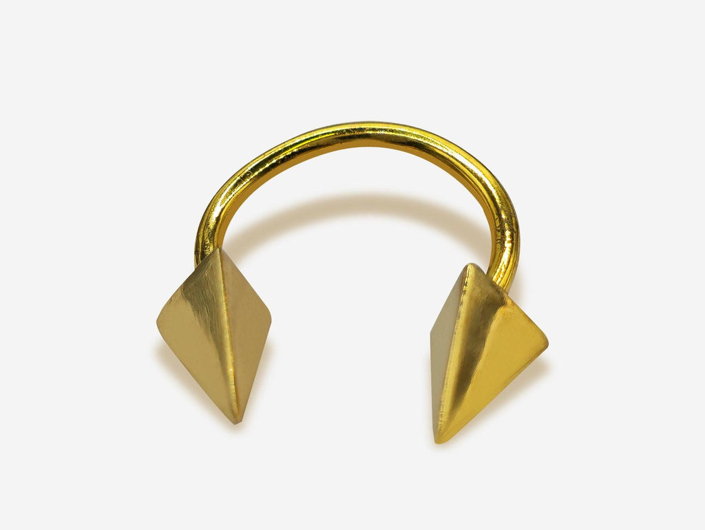 14K Gold Septum Ring: Horseshoe Barbell with Pyramid Spikes, 16G