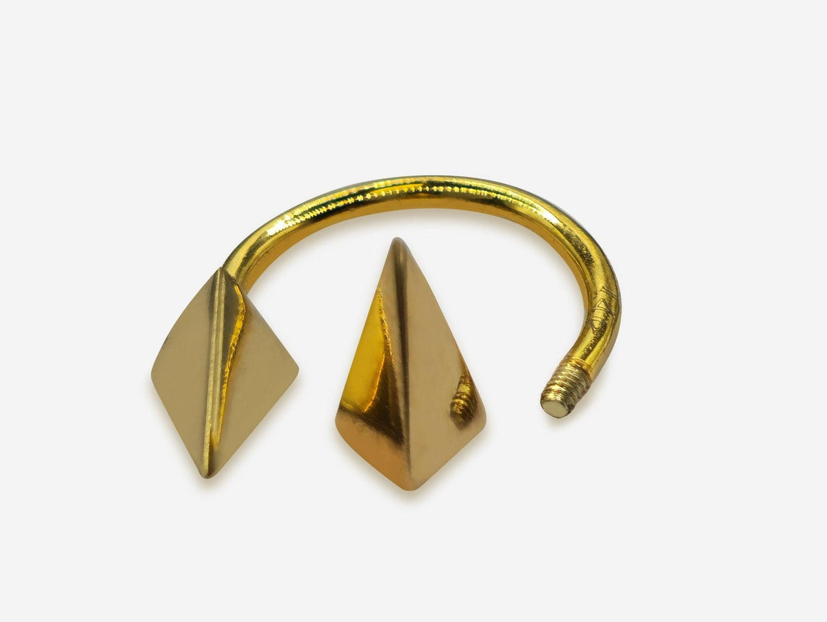 14K Gold Septum Ring: Horseshoe Barbell with Pyramid Spikes, 16G
