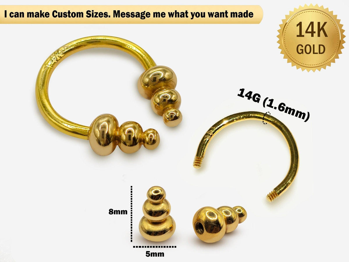 14K Gold Septum Horseshoe Barbell: Unique Lip/Nose Piercing (14G)