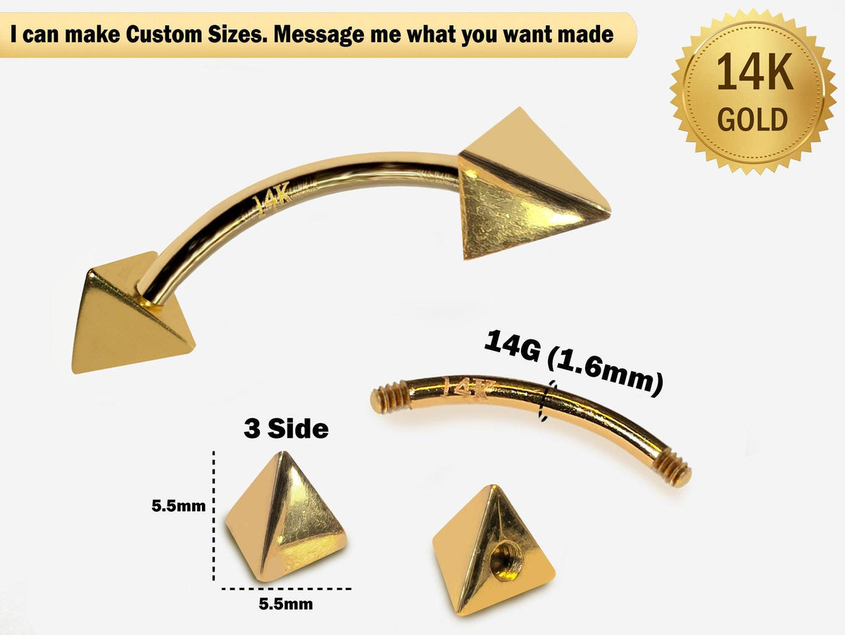 14K Gold Pyramid Spike Eyebrow Piercing: 14G Curved Barbell