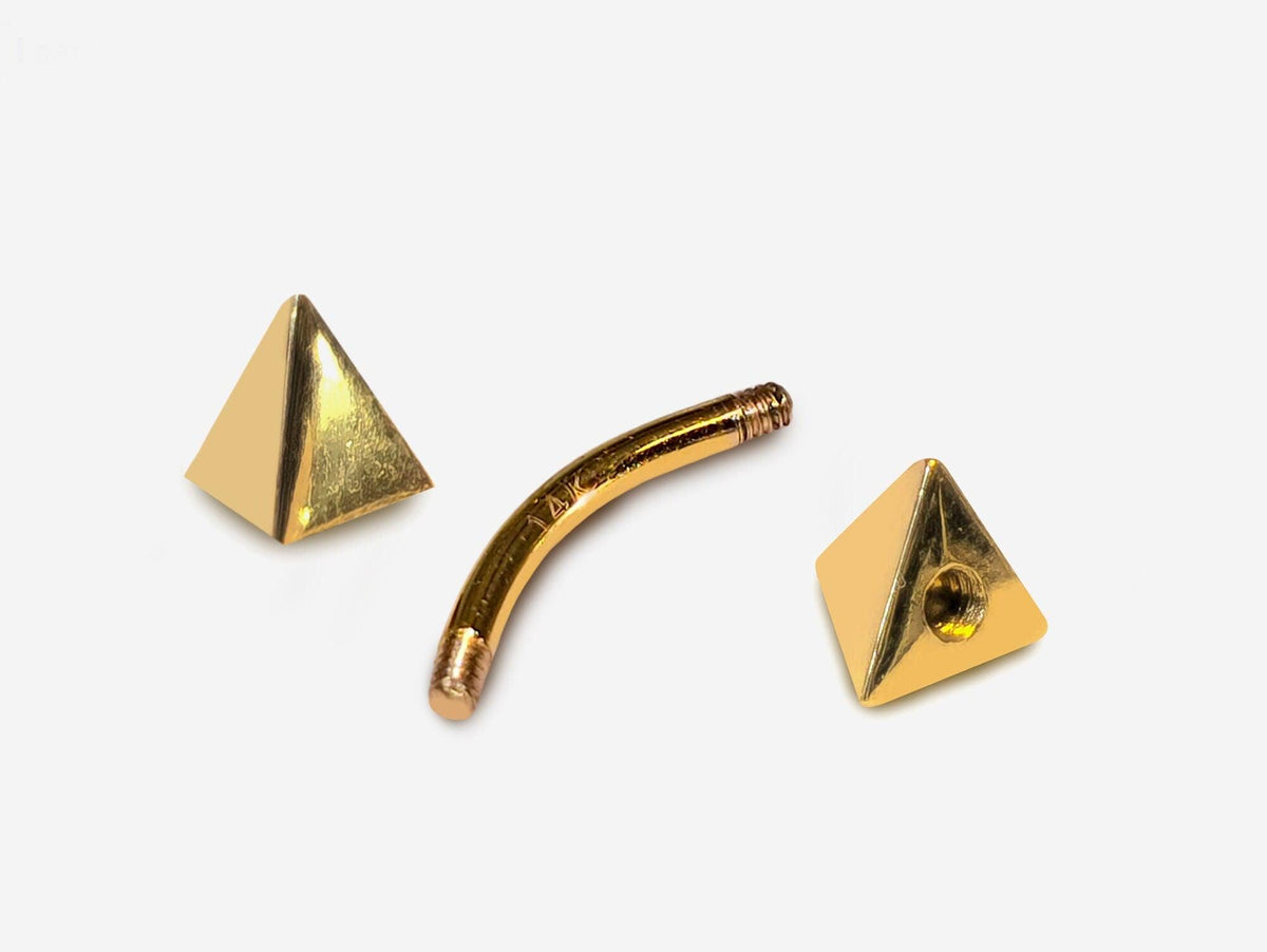 14K Gold Pyramid Spike Eyebrow Piercing: 14G Curved Barbell