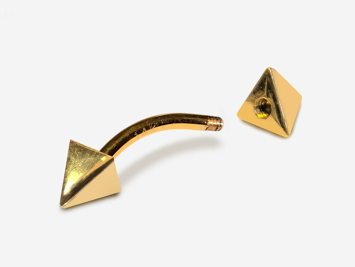 14K Gold Pyramid Spike Eyebrow Piercing: 14G Curved Barbell