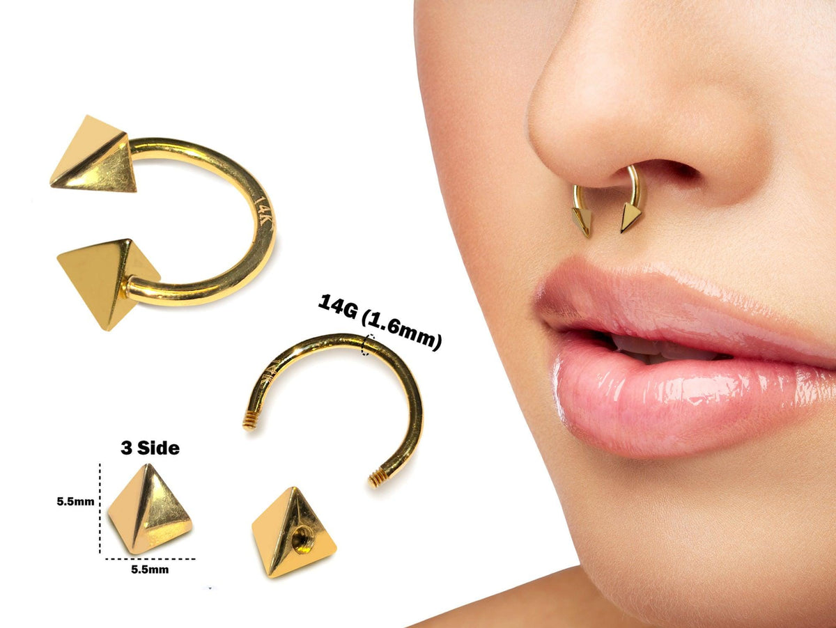 14K Gold Pyramid Septum Ring: 14G Horseshoe Barbell