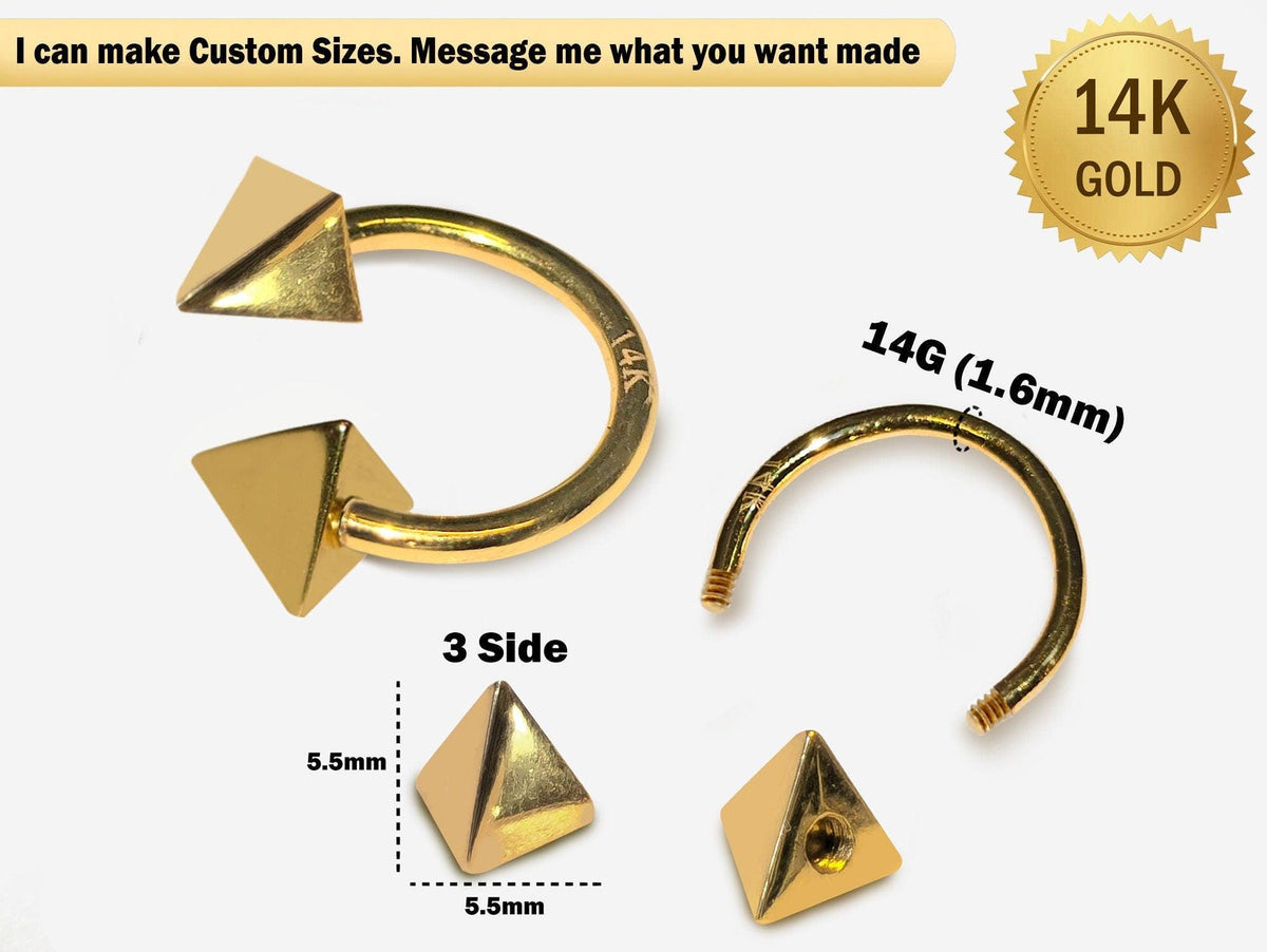14K Gold Pyramid Septum Ring: 14G Horseshoe Barbell