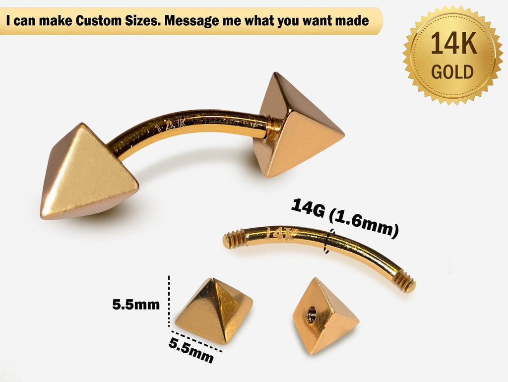 14K Gold Pyramid Spike Eyebrow Barbell: 14G Body Piercing