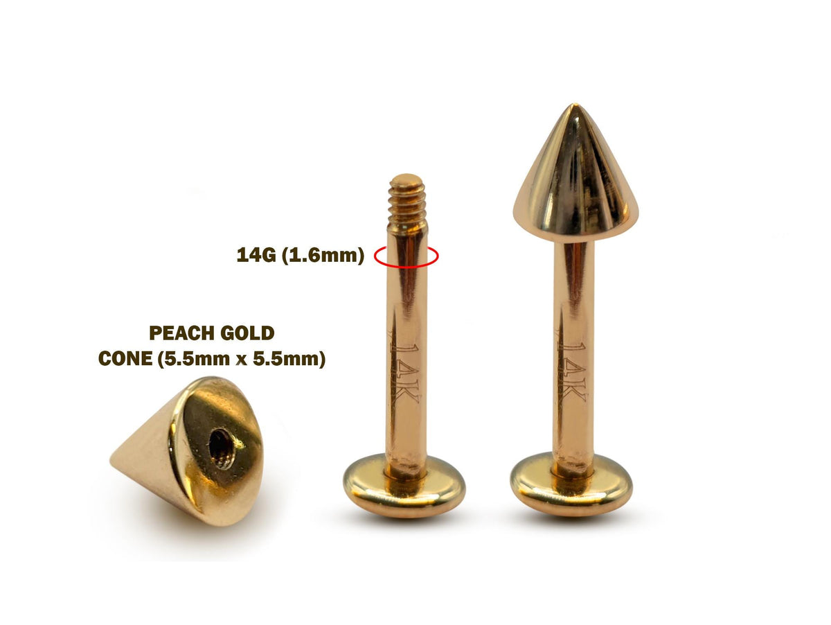 14K Gold Cone Labret Stud: 14G Lip Piercing, Tragus Earring