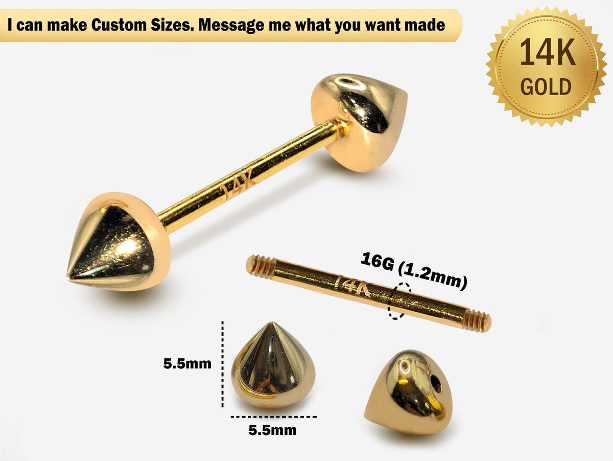 14K Gold Nipple Barbell: 16G Cone End Body Piercing