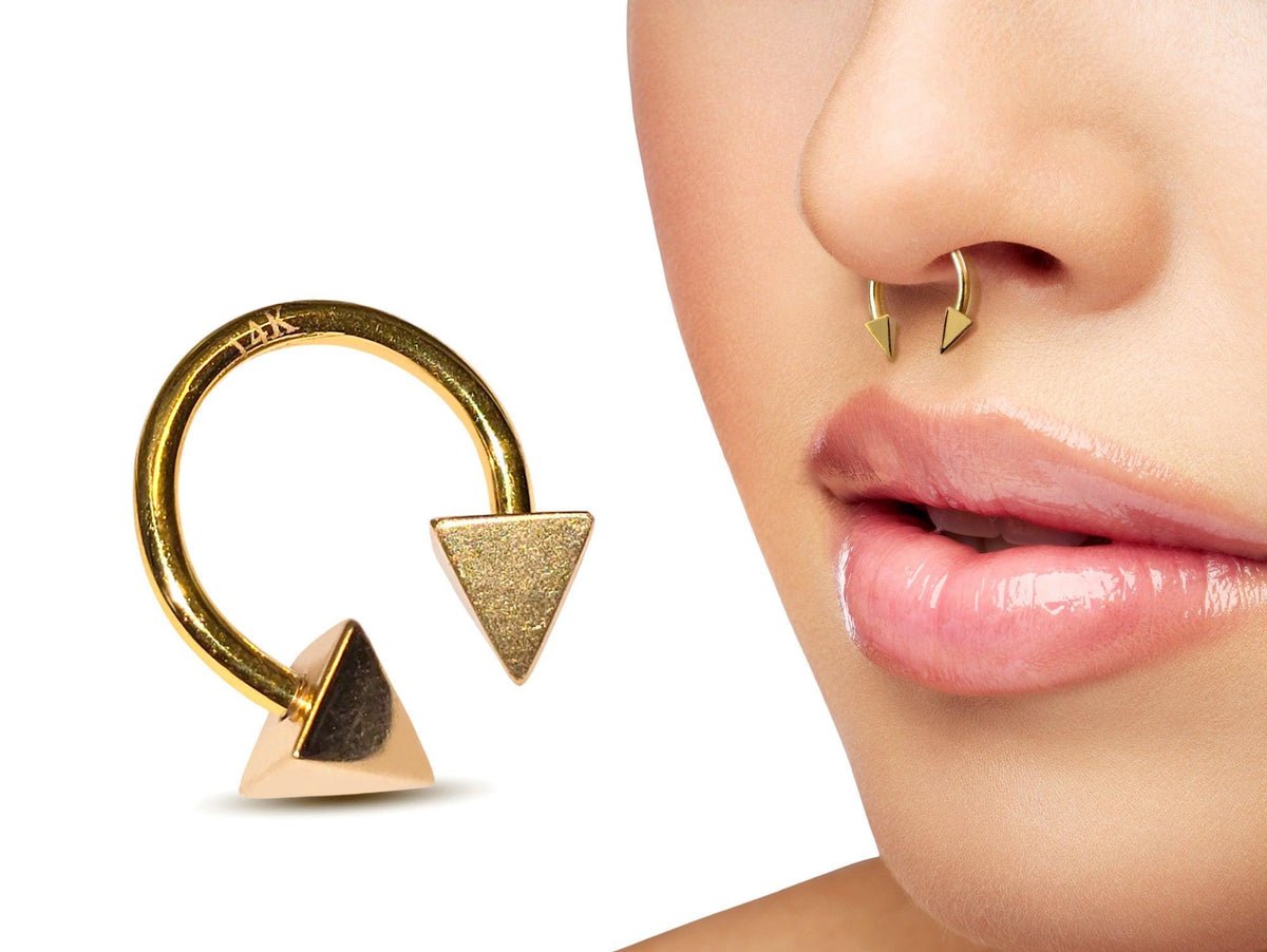 14K Gold Pyramid Septum Ring: Horseshoe Barbell, 14G Lip Piercing
