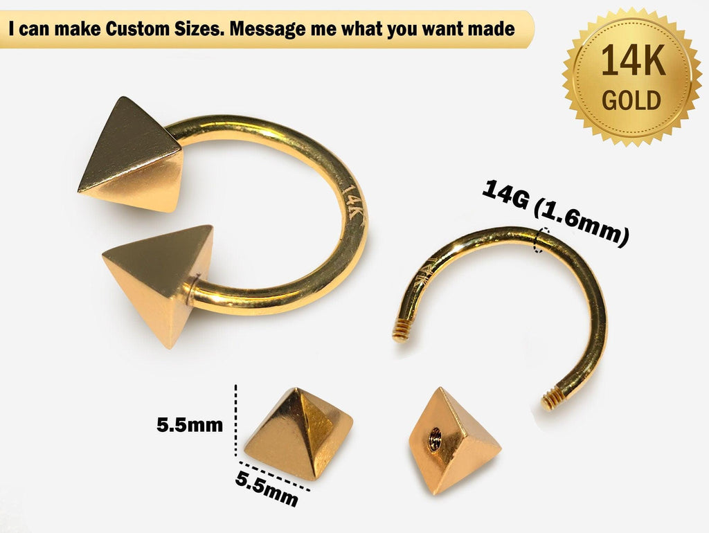 14K Gold Pyramid Septum Ring: Horseshoe Barbell, 14G Lip Piercing