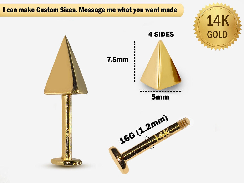 14K Gold Spike Labret Stud: Pyramid Lip Piercing, 16G