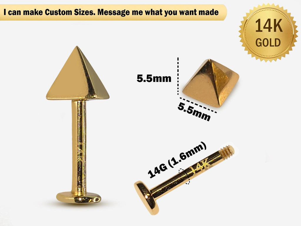 14K Gold Pyramid Labret Stud: 14G Lip & Tragus Piercing