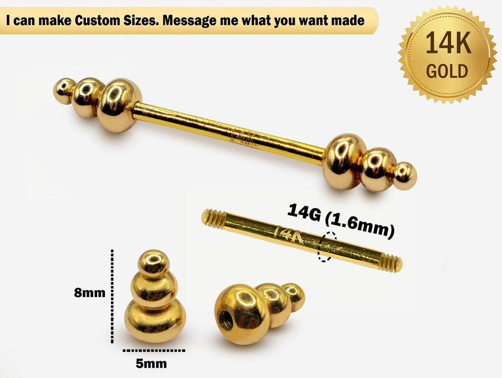 14K Gold Barbell Nipple Piercing: 14G Body Jewelry