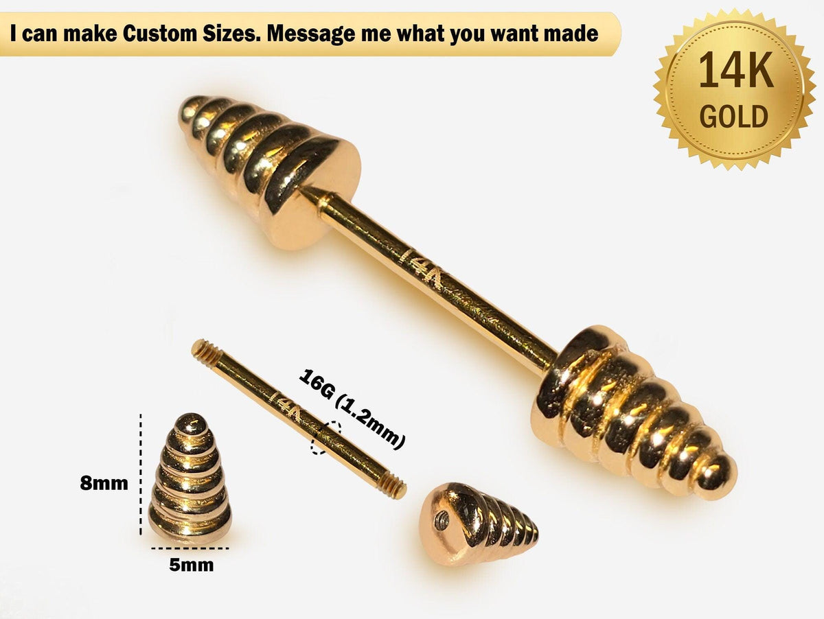 14K Gold Dumbbell Barbell Piercing: 16G Nipple Jewelry