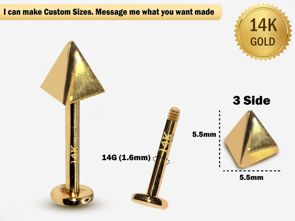 14K Gold Spike Labret Stud: Pyramid Lip & Tragus Piercing (14G)