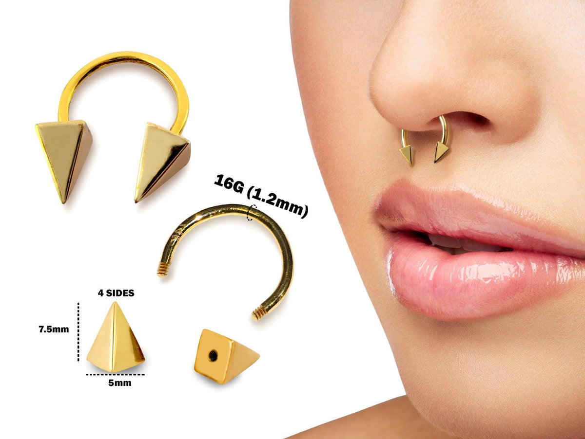 14K Gold Pyramid Spike Septum Ring: 16G Horseshoe Barbell