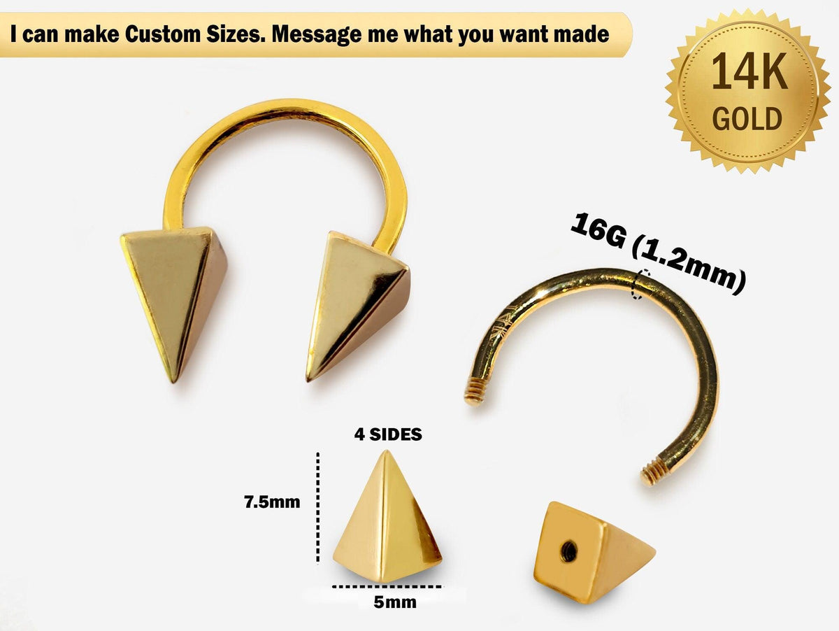 14K Gold Pyramid Spike Septum Ring: 16G Horseshoe Barbell