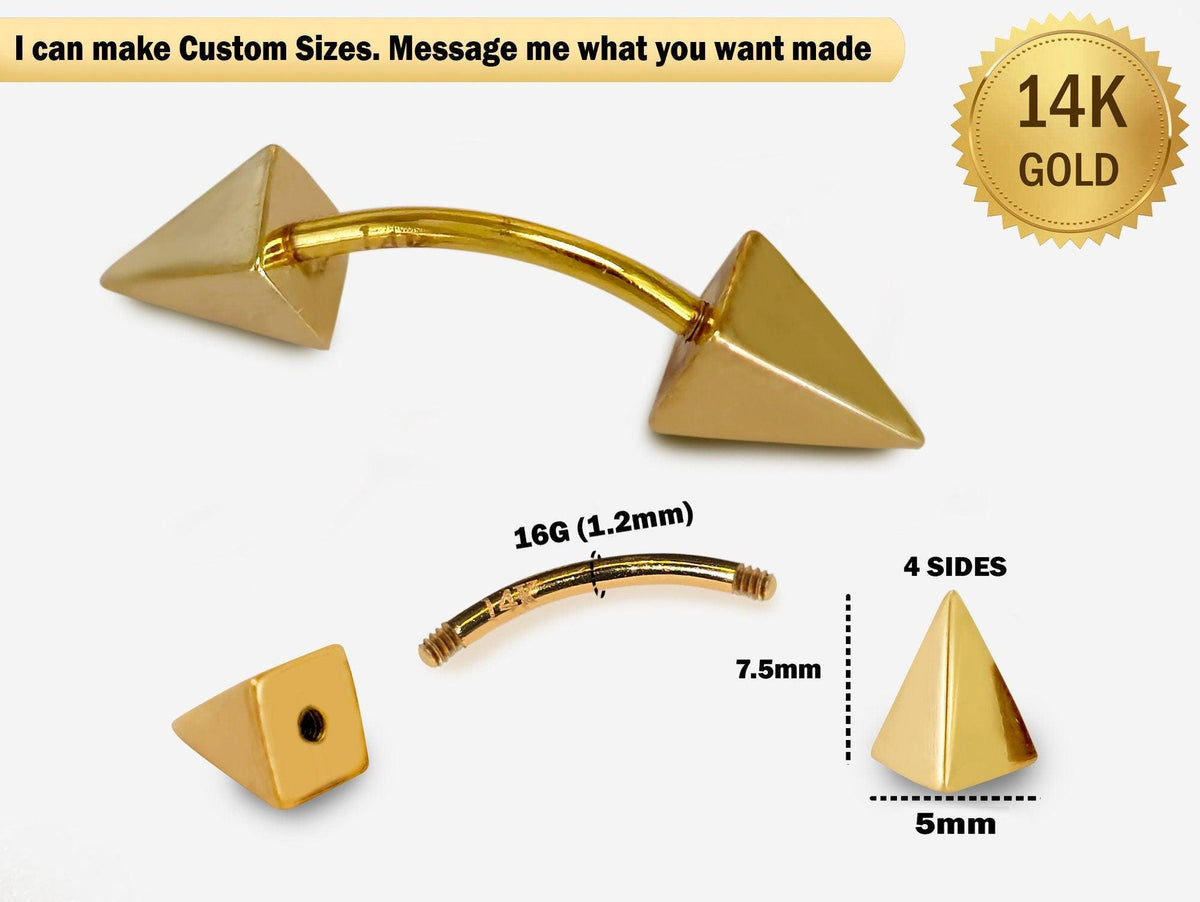 14K Gold Spike Eyebrow Piercing: Pyramid Curved Barbell, 16G