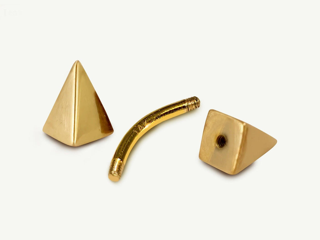 14K Gold Spike Eyebrow Piercing: Pyramid Curved Barbell, 16G