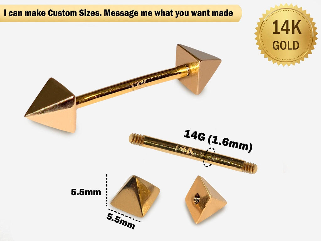 14K Gold Pyramid Barbell: 14G Nipple Piercing Jewelry