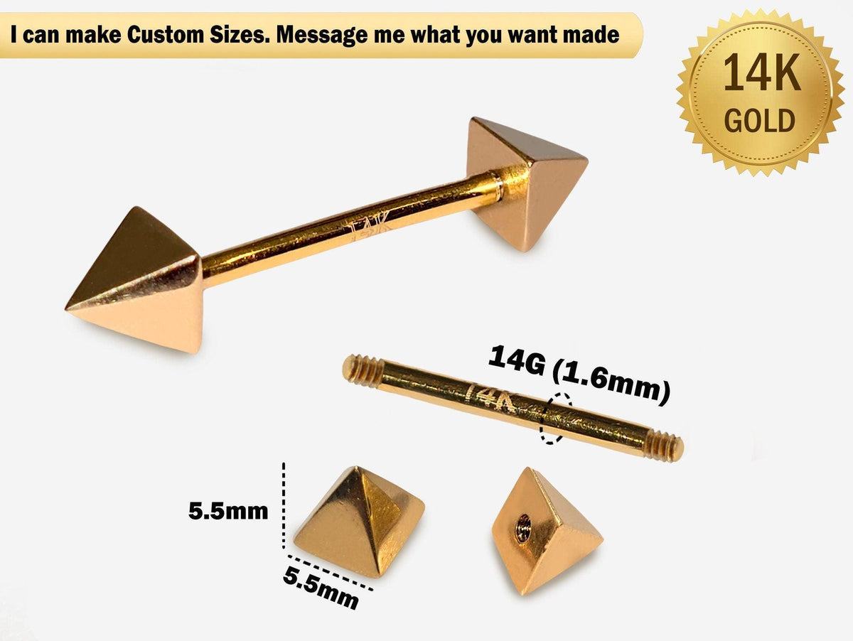 14K Gold Pyramid Barbell: 14G Nipple Piercing Jewelry