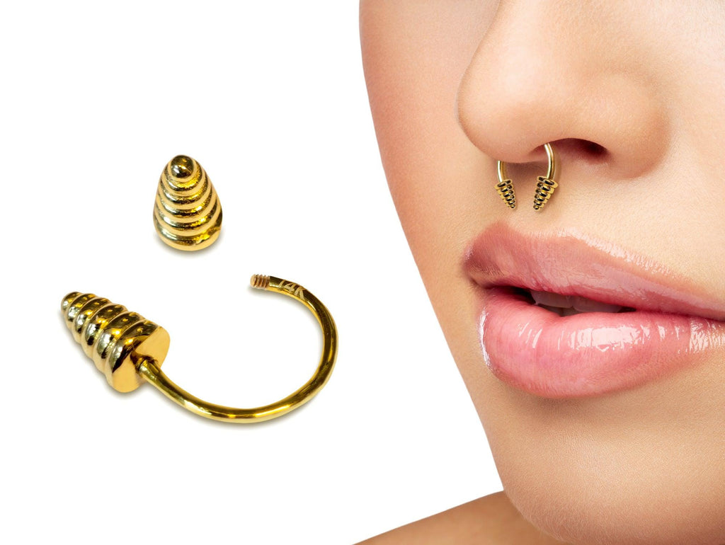 14K Gold Septum Ring: 16G Horseshoe Barbell with Dumbbell Design