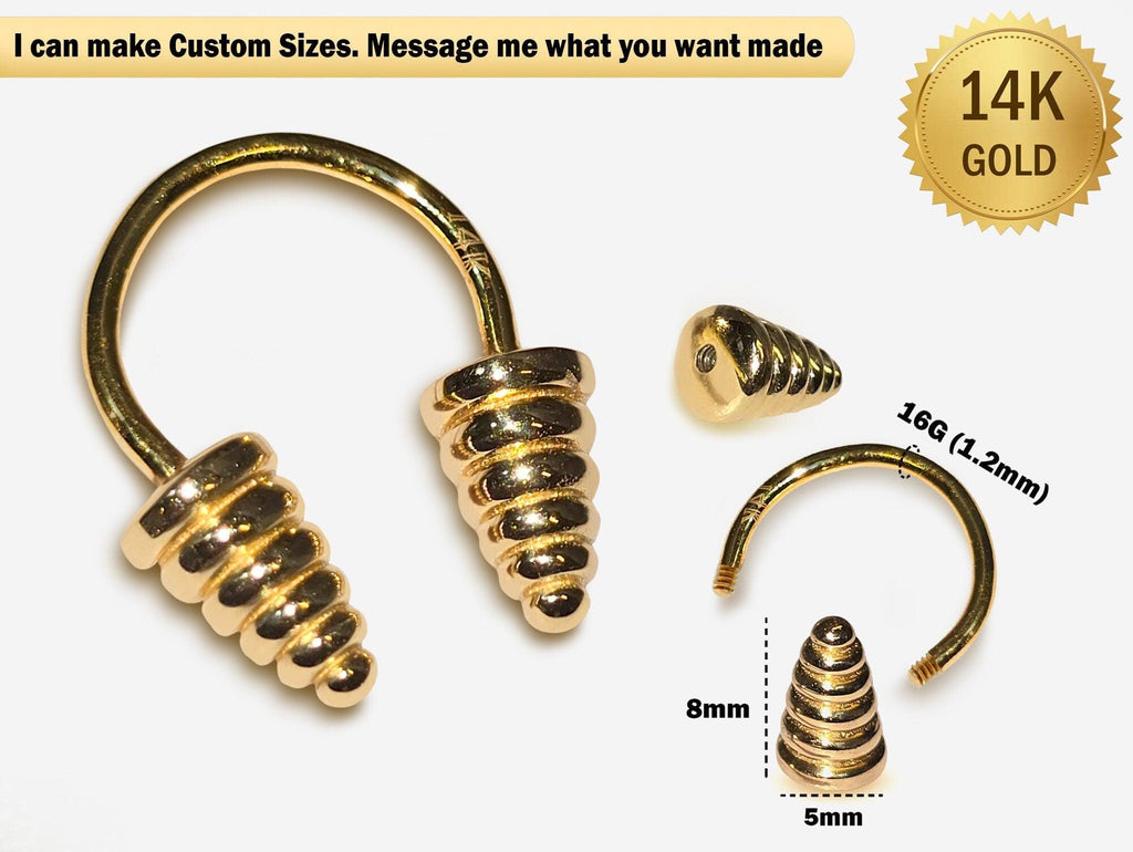 14K Gold Septum Ring: 16G Horseshoe Barbell with Dumbbell Design