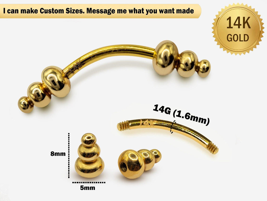 14K Gold Eyebrow Piercing: Unique Curved Barbell, 14G Body Jewelry