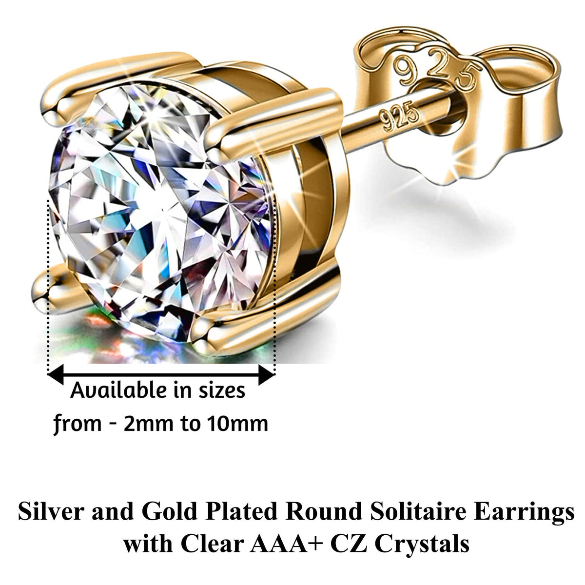 18K Gold Plated Sterling Silver Stud Earrings: Hand Set Crystal Solitaire (2mm-7mm)