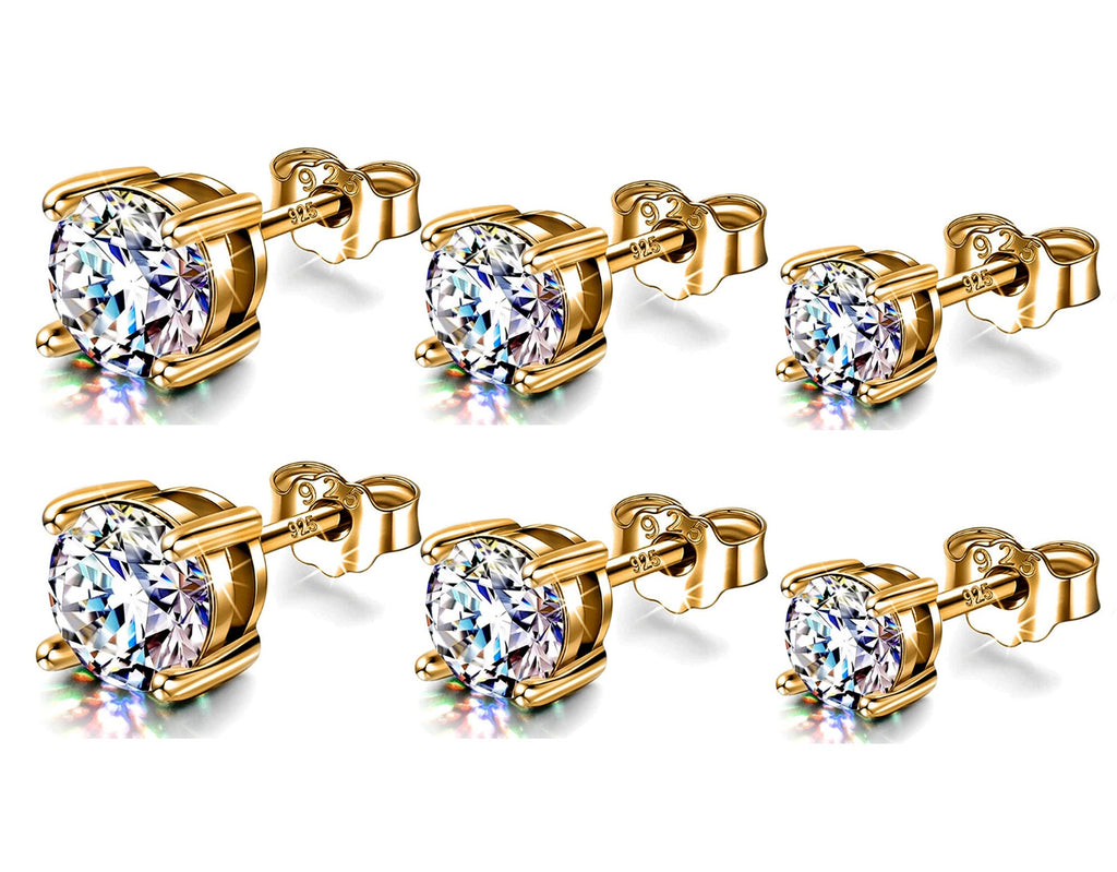 18K Gold Plated Sterling Silver Stud Earrings: Hand Set Crystal Solitaire (2mm-7mm)