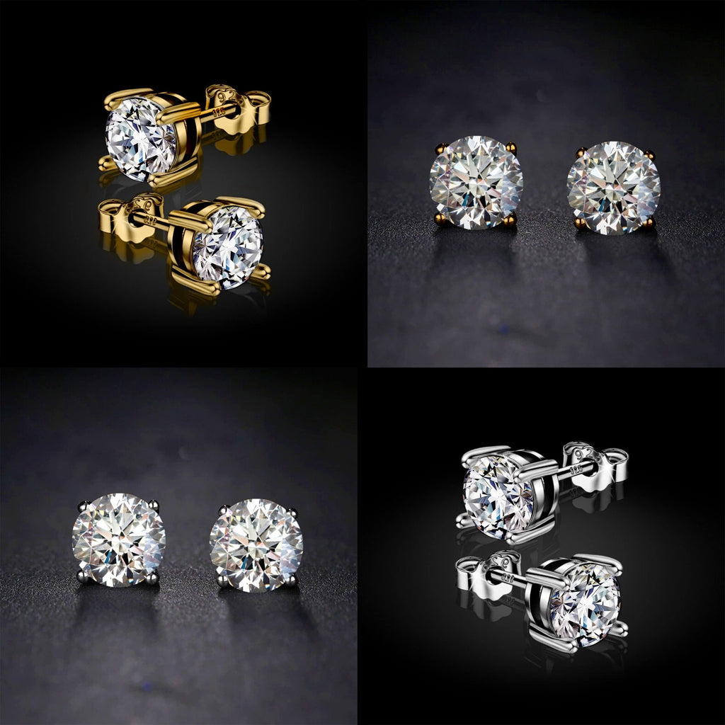 18K Gold Plated Sterling Silver Stud Earrings: Hand Set Crystal Solitaire (2mm-7mm)
