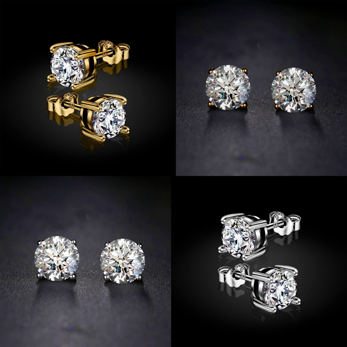 18K Gold Plated Sterling Silver Stud Earrings: Hand Set Crystal Solitaire (2mm-7mm)