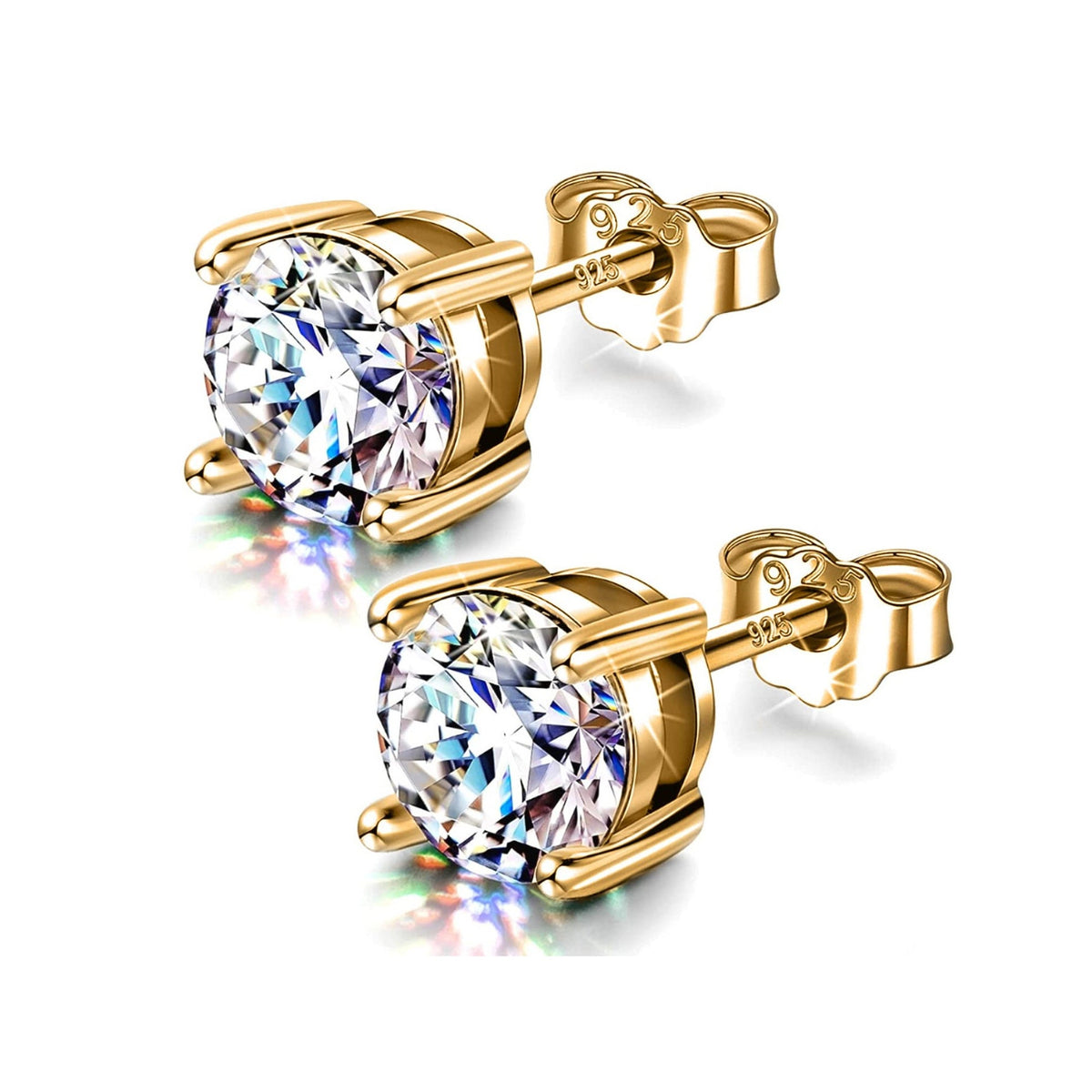 18K Gold Plated Sterling Silver Stud Earrings: Hand Set Crystal Solitaire (2mm-7mm)