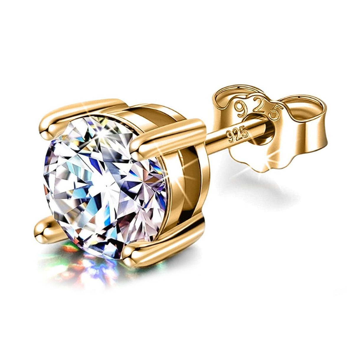 18K Gold Plated Sterling Silver Stud Earrings: Hand Set Crystal Solitaire (2mm-7mm)