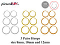Silver Hoop Earrings - Set of 3 Pairs Hoop Earrings for Women - Comes in Sizes of 8mm, 10mm and 12mm - Silver, Gold, Rose Gold