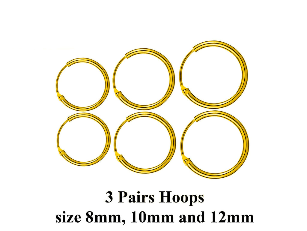 Silver Hoop Earrings - Set of 3 Pairs Hoop Earrings for Women - Comes in Sizes of 8mm, 10mm and 12mm - Silver, Gold, Rose Gold
