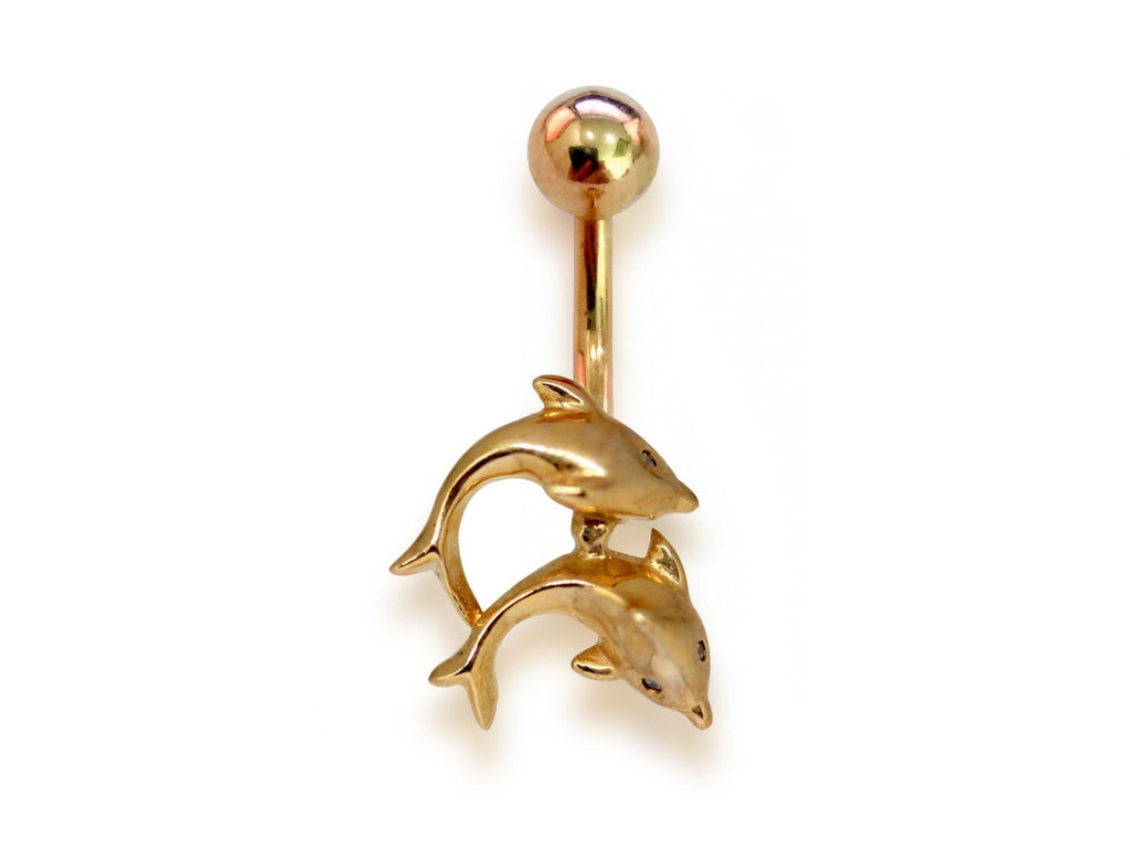 14K Gold Dolphin Belly Button Ring - 2.43g Solid Gold Body Jewelry