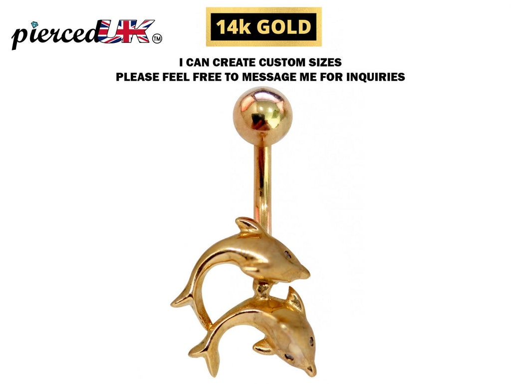 14K Gold Dolphin Belly Button Ring - 2.43g Solid Gold Body Jewelry