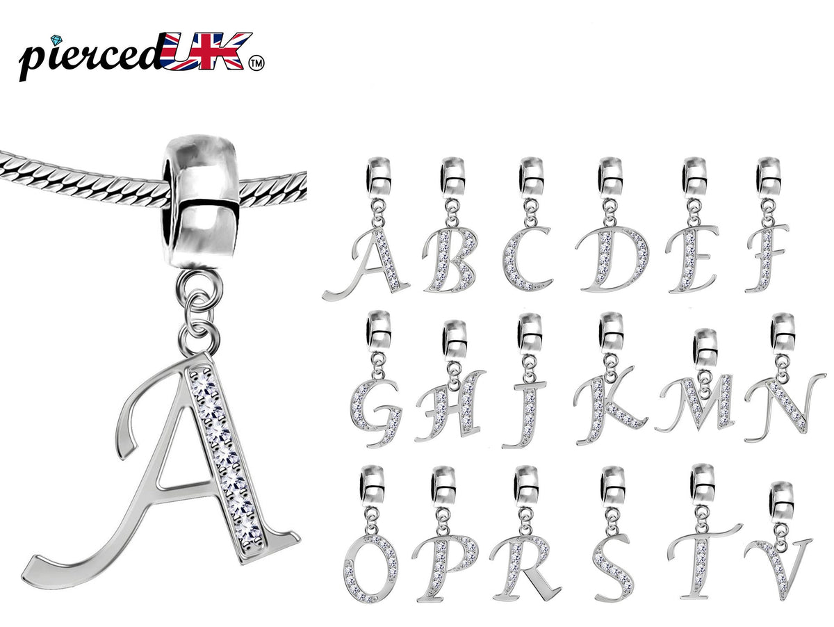 Sterling Silver Alphabet Charm with CZ Crystals - Initial Letter for Bracelet or Necklace