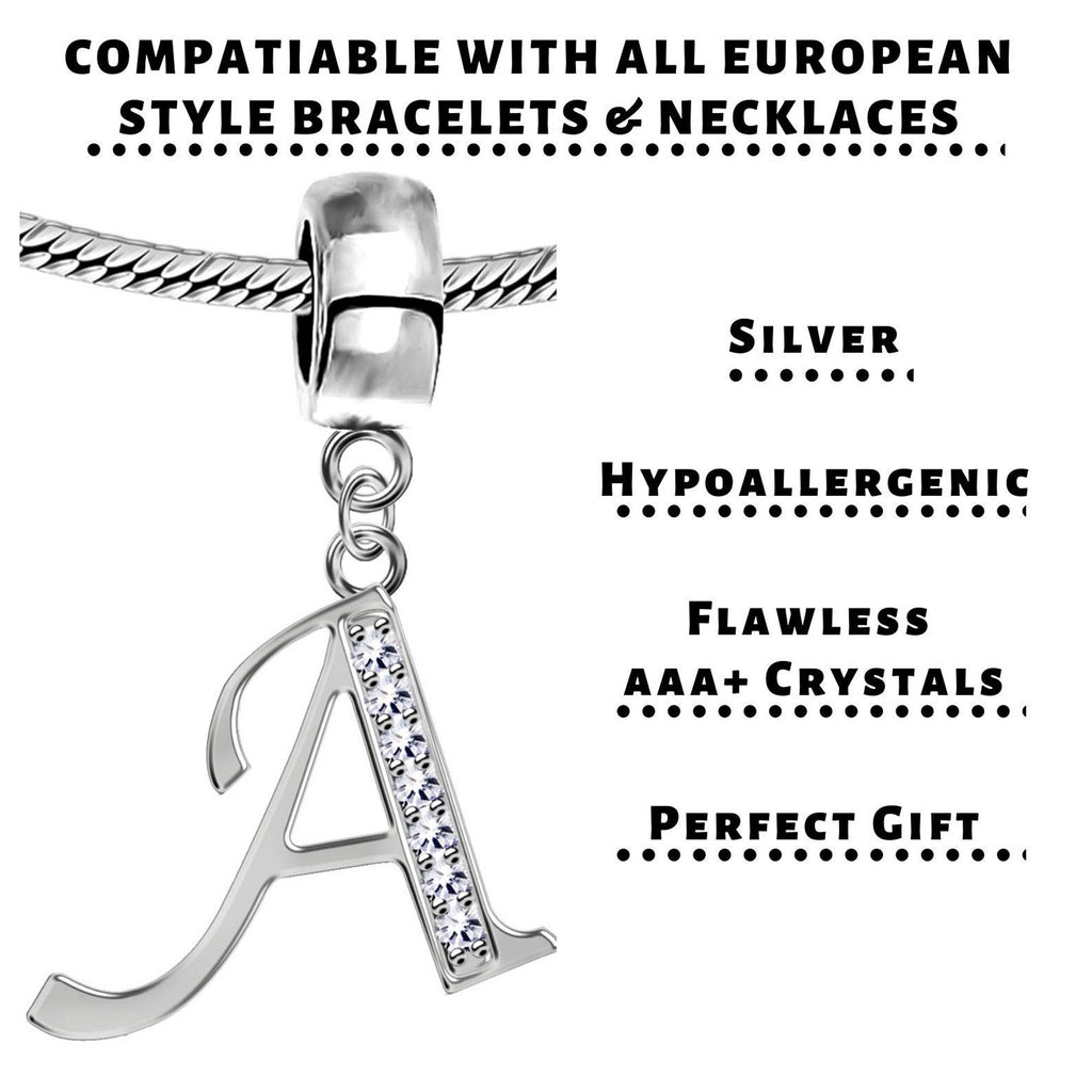 Sterling Silver Alphabet Charm with CZ Crystals - Initial Letter for Bracelet or Necklace